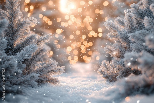 magical winter landscape with shimmering snowflakes falling over a quiet forest, where every tree sparkles with frost, Generative AI