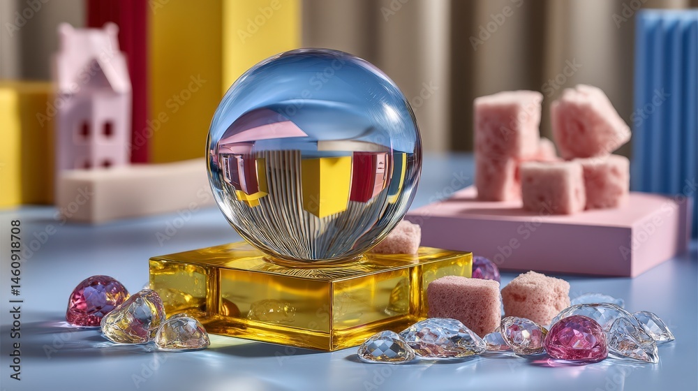 Minimalist Glass Sphere Reflection Yellow Cube Pink Sweets Crystal Decor
