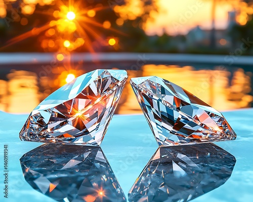 Two diamonds, reflecting sunset, near a pool