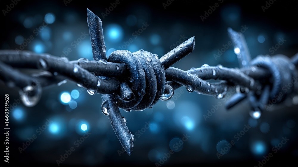 Barbed Wire Fence Rain Drops Close up Macro Photography Minimalist Dark Background M