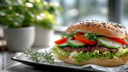 Obraz na płótnie Delicious Homemade Hamburger with Fresh Vegetables w salonie