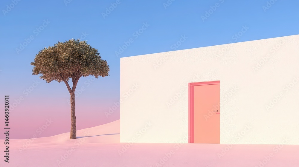 Minimalist Desert Landscape Pink Sand Tree and Pink Door