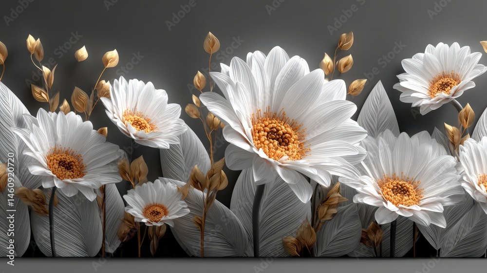 Elegant White Gold Daisies Floral Art Print Home Decor Botanical Illustration