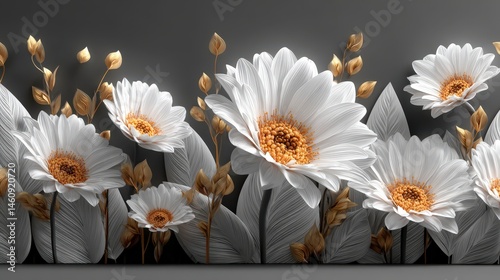 Obraz na płótnie Elegant White Gold Daisies Floral Art Print Home Decor Botanical Illustration w salonie