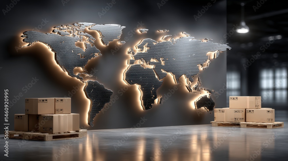 Global Logistics Network Illuminated World Map Cargo Boxes