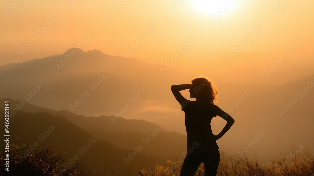 Fototapeta premium Silhouetted figure gazing at sunrise over misty mountains.