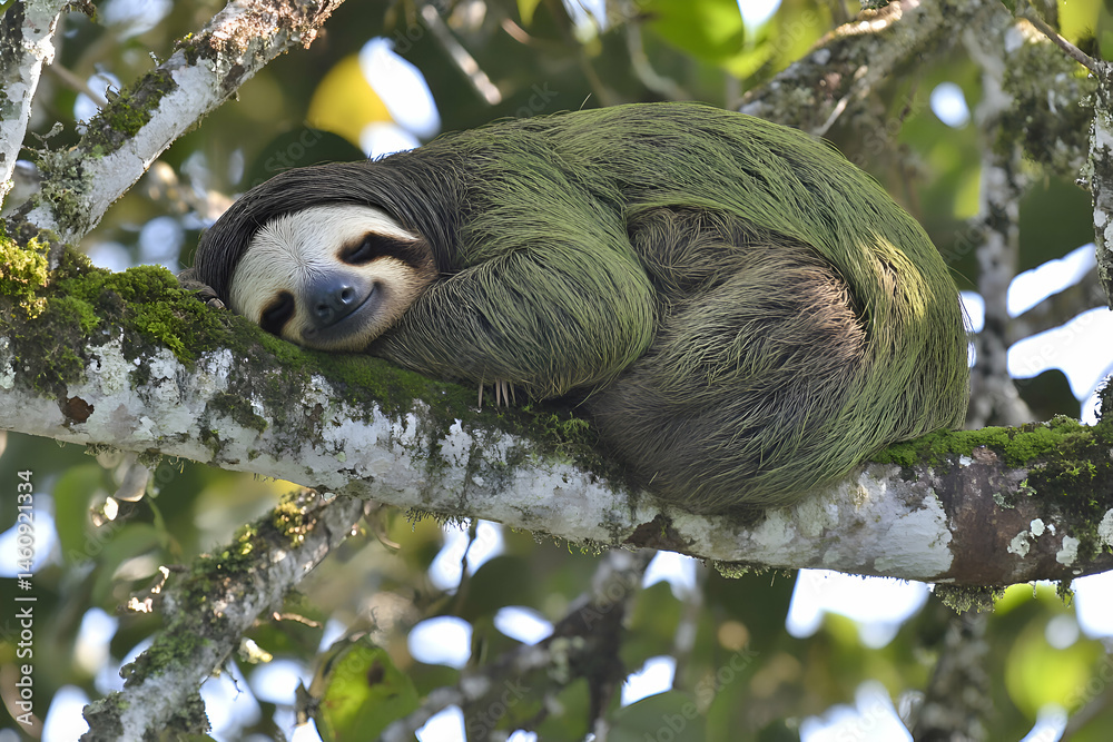 Fototapeta premium Adorable three-toed sloth sleeping peacefully on a moss-covered branch in a lush rainforest. Perfect for nature, wildlife, and relaxation themes.