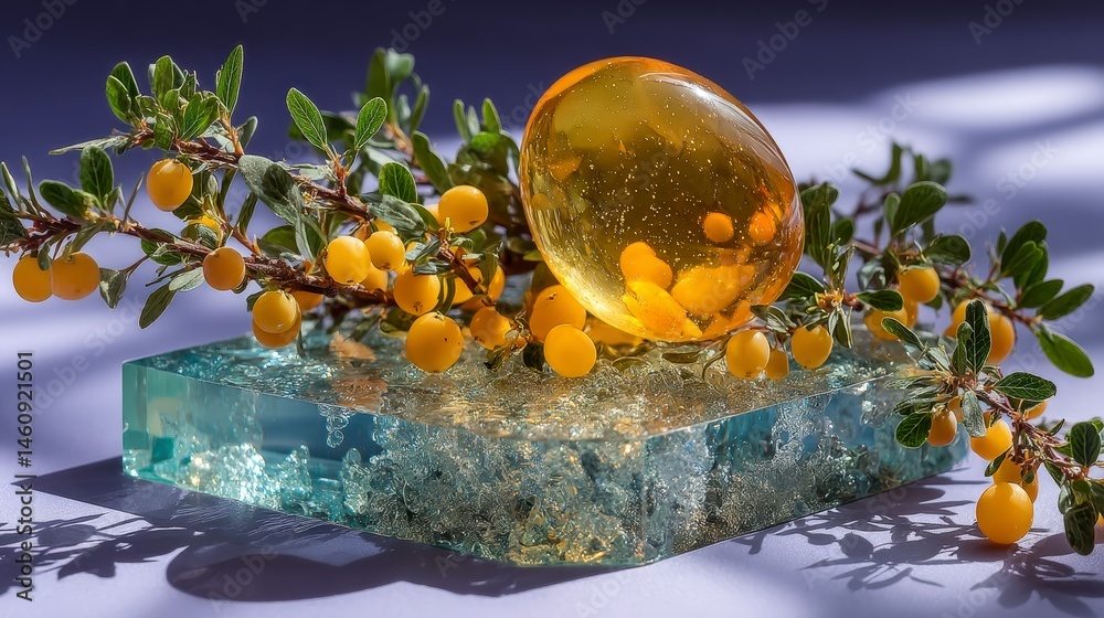 Golden Amber Sphere with Yellow Berries on Glass Minimalist Still Life Photography