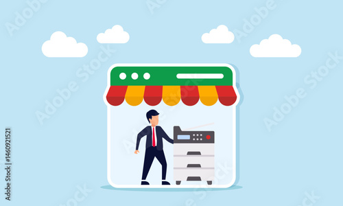 Businessman Standing Next to Photocopier and Application Interface with Canopy Ornament Representing Digitization of Printing and Media Business