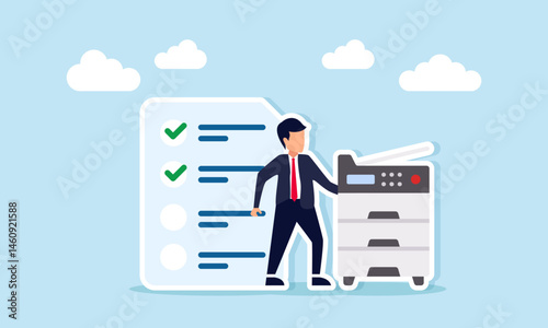 Businessman Standing Next to Photocopier and Document with Checkmark Representing Milestone in Printing and Media Business