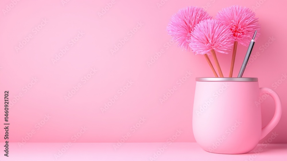 Minimalist Pink Mug with Fluffy Flowers Pen Pretty Desk Decor
