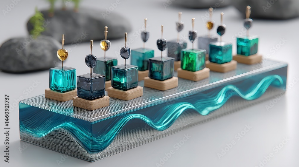 Abstract Teal Resin Art Geometric Cubes Wave Design Modern Decor