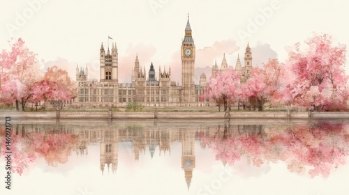London Skyline Watercolor  Big Ben  Parliament  Spring Blossoms  Peaceful River Reflection