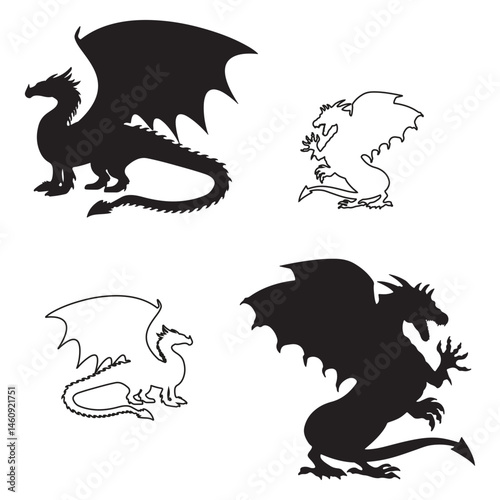 Dragon silhouette, Dragon vector, Dragonflys illustration, silhouette, set icon, silhouette, Dragon