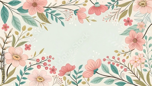 Wallpaper Mural Beautiful floral frame with pink flowers and green leaves for various designs Torontodigital.ca