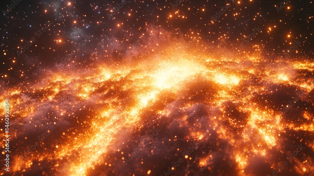 Naklejka premium Cosmic inferno, a fiery expanse of exploding stars.