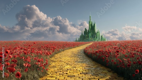 A stunning image of yellow brick road leading through poppy field to green emerald city in the distance. Wizard of Oz concept.