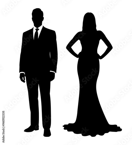 Elegant couple man and woman in formal attire silhouette vector.