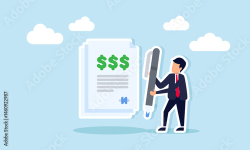 Businessman holding pen beside document with dollar sign illustrating financial document validation