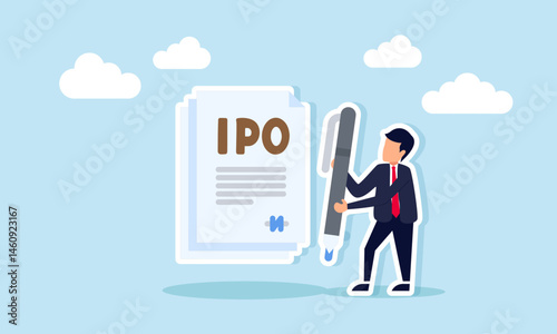 Businessman holding pen beside document with IPO text illustrating document validation for IPO purposes