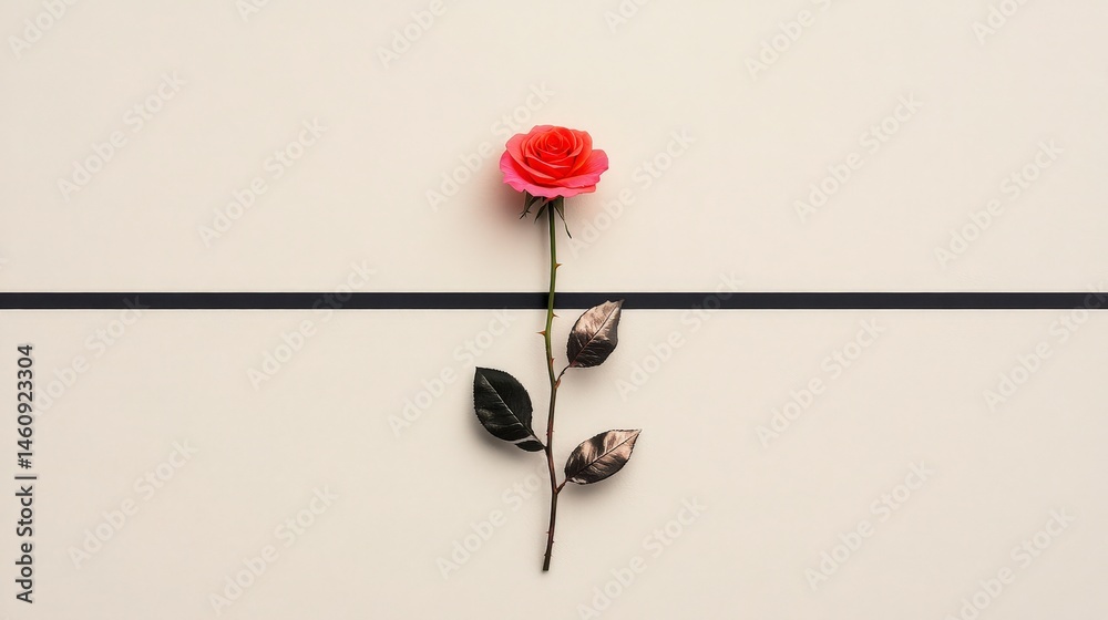Minimalist Pink Rose with Metallic Leaves Black Line