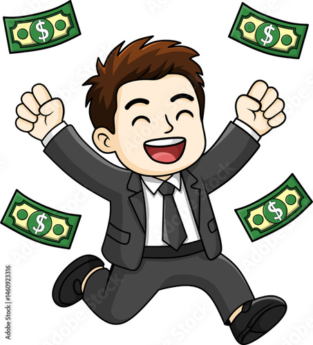 Happy Cartoon Businessman Jumping with Money – Perfect for Finance, Success, and Wealth Concepts