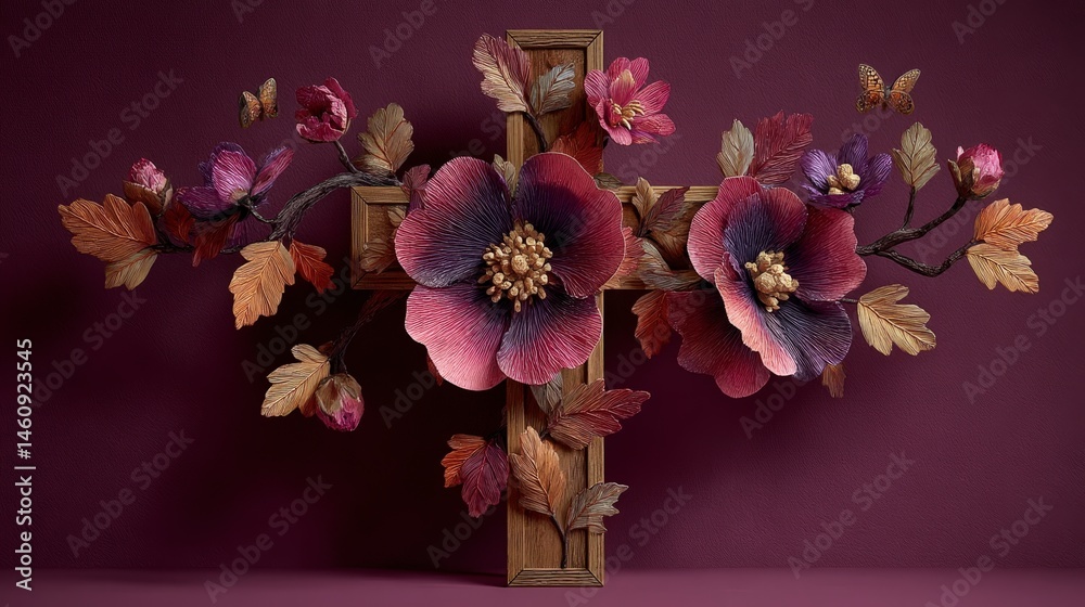 Wooden Cross Spring Flowers Minimalist Art Design
