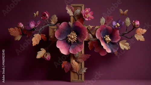 Obraz na płótnie Wooden Cross Spring Flowers Minimalist Art Design w salonie