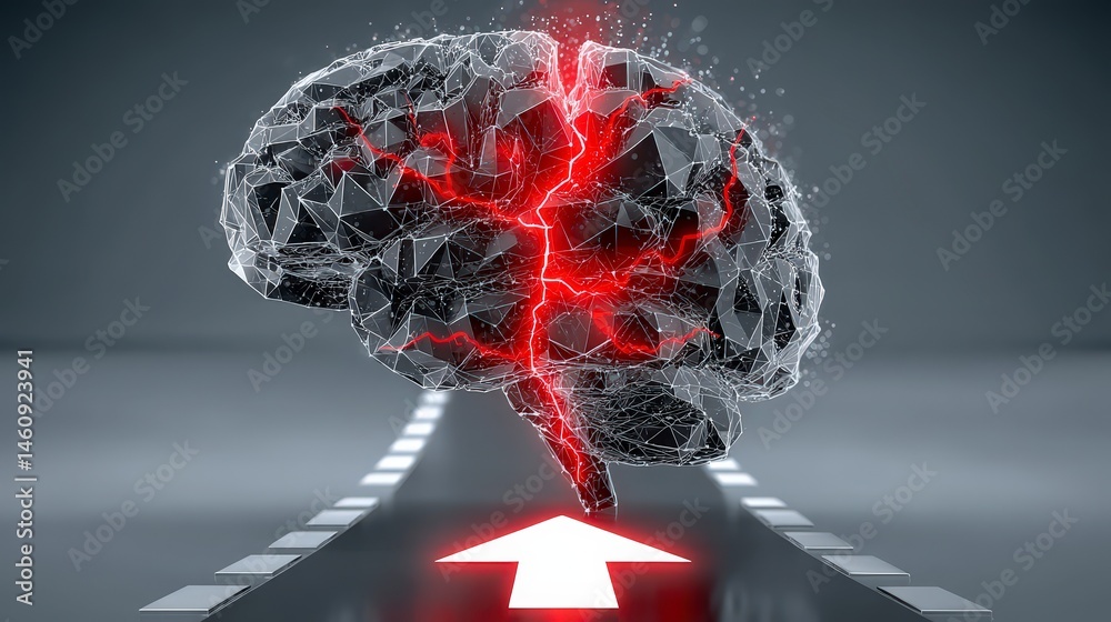 Abstract Brain with Blood Vessel Blockage Neurological Concept Recovery Path
