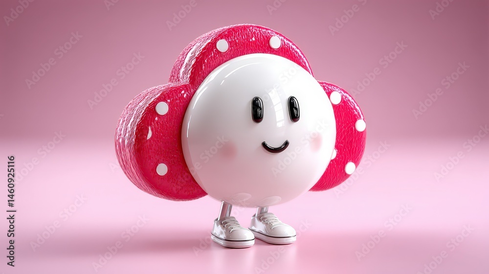 Cute Pink Cloud Character Happy Cartoon 3D Render Minimalist Illustration Pastel Color