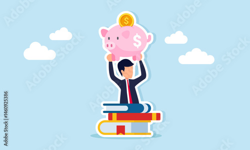 Businessman emerging from book stack holding piggy bank illustrating importance of business literacy for managing investment funds