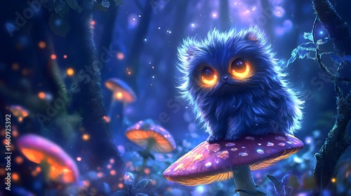 Original tiny creature with fluffy fur and glowing eyes perched on a mushroom surrounded by vibrant magical forest