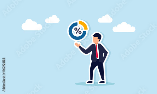 Businessman Presenting Pie Chart with Percentage Symbol Representing Presentation or Education on Dividend Profit or Market Share Distribution