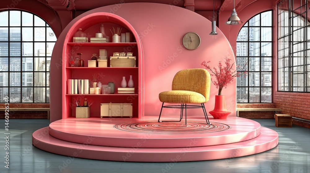 Pink Minimalist Room Studio with Chair Shelf Sunlight Product Display