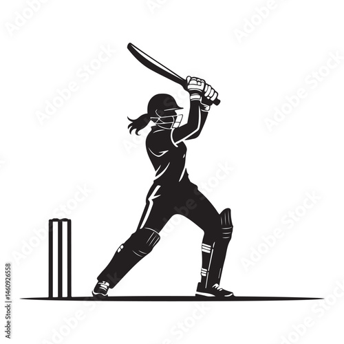 Female Cricket player pose Vector Black silhouettes. with white background