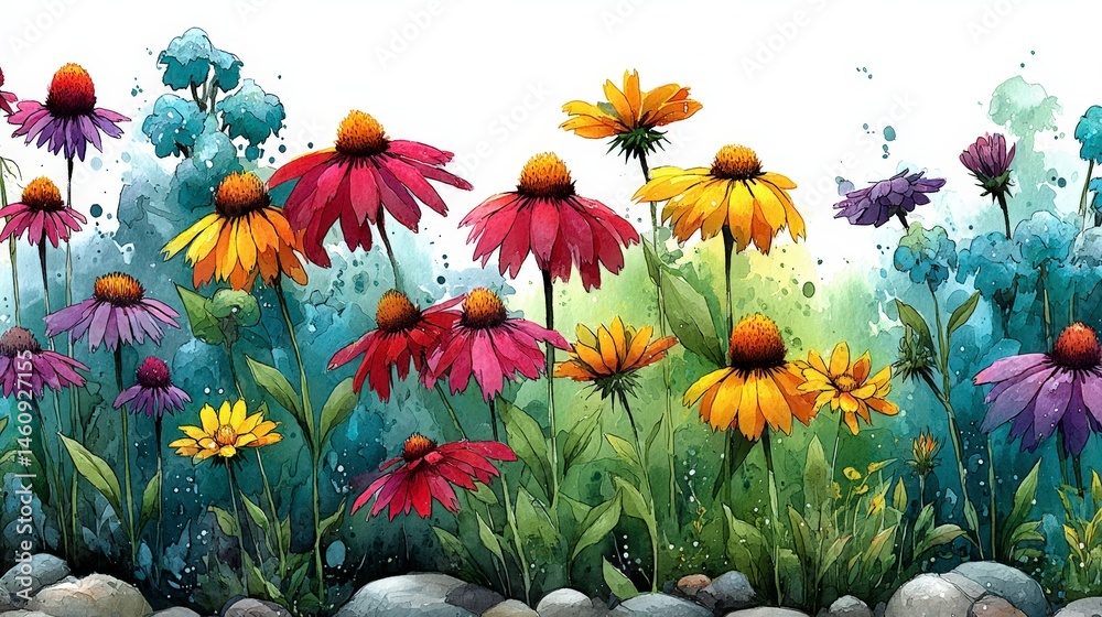 Vibrant Watercolor Echinacea Summer Flowers Botanical Illustration Floral Art