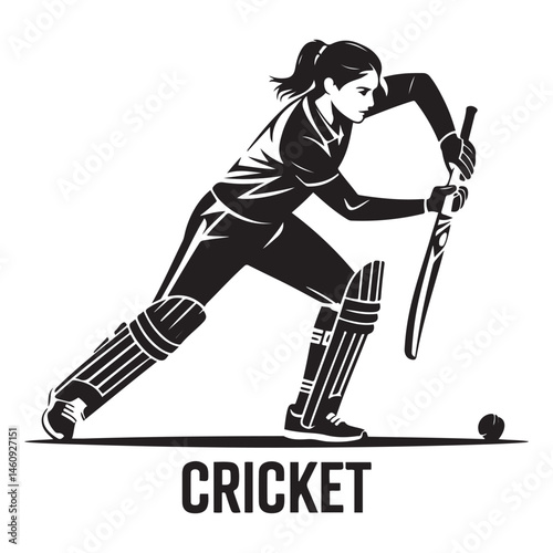 Female Cricket player pose Vector Black silhouettes. with white background