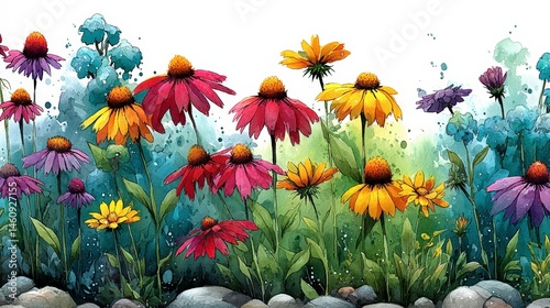 Obraz na płótnie Vibrant Watercolor Echinacea Summer Flowers Botanical Illustration Floral Art w salonie