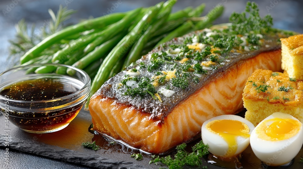 Delicious Easter Salmon Dinner Baked Salmon Green Beans Deviled Eggs Cornbread