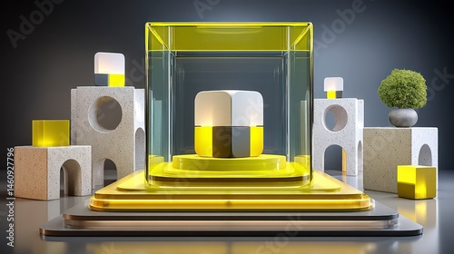 Obraz na płótnie Minimalist Product Display Yellow Cube on Modern Stage w salonie