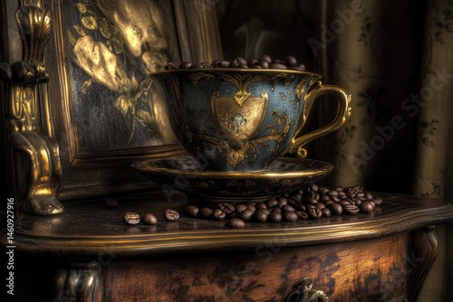 Antique teacup filled with coffee beans, beside a framed portrait, on a dark wooden table  Detailed view of ornate gold and dark blue chinaware