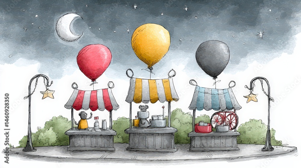 Whimsical Night Market Watercolor Illustration of Stalls Balloons and Stars