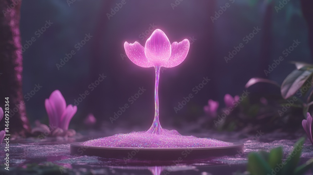 Glowing Fiber Optic Flower in Mystical Forest Scene