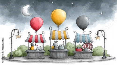 Obraz na płótnie Whimsical Night Market Watercolor Illustration of Stalls Balloons and Stars w salonie