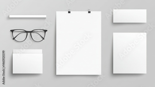 Obraz na płótnie Minimalist Stationery Mockup Blank Paper Cards Glasses w salonie
