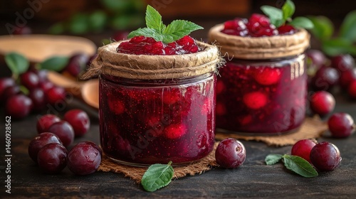 Two glass jars of homemade cranberry sauce, garnished with fresh mint.