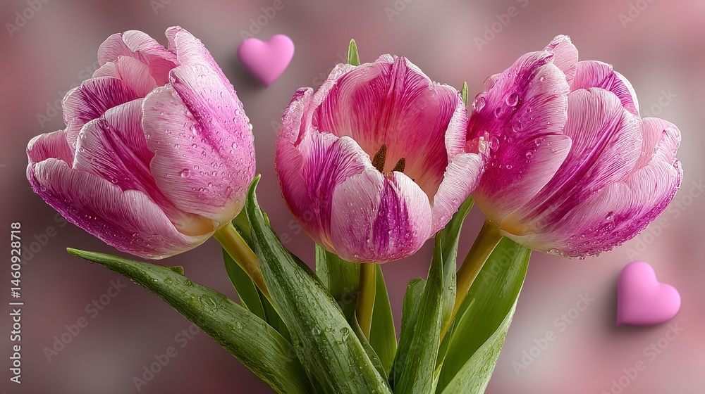 Pink Tulips Dew Drops Hearts Love Spring Romance Floral Bouquet Valentine s Day C