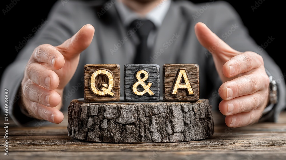 Businessperson Presents Q A Wooden Blocks on Rustic Surface