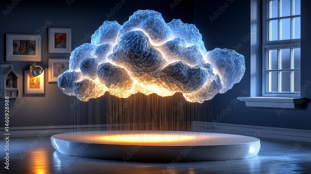 Illuminated Cloud Computing Concept Digital Data Rain in Modern Room