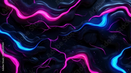 Vibrant abstract digital background with flowing waves of pink, blue, and black colors creating a sense of movement and energy.
